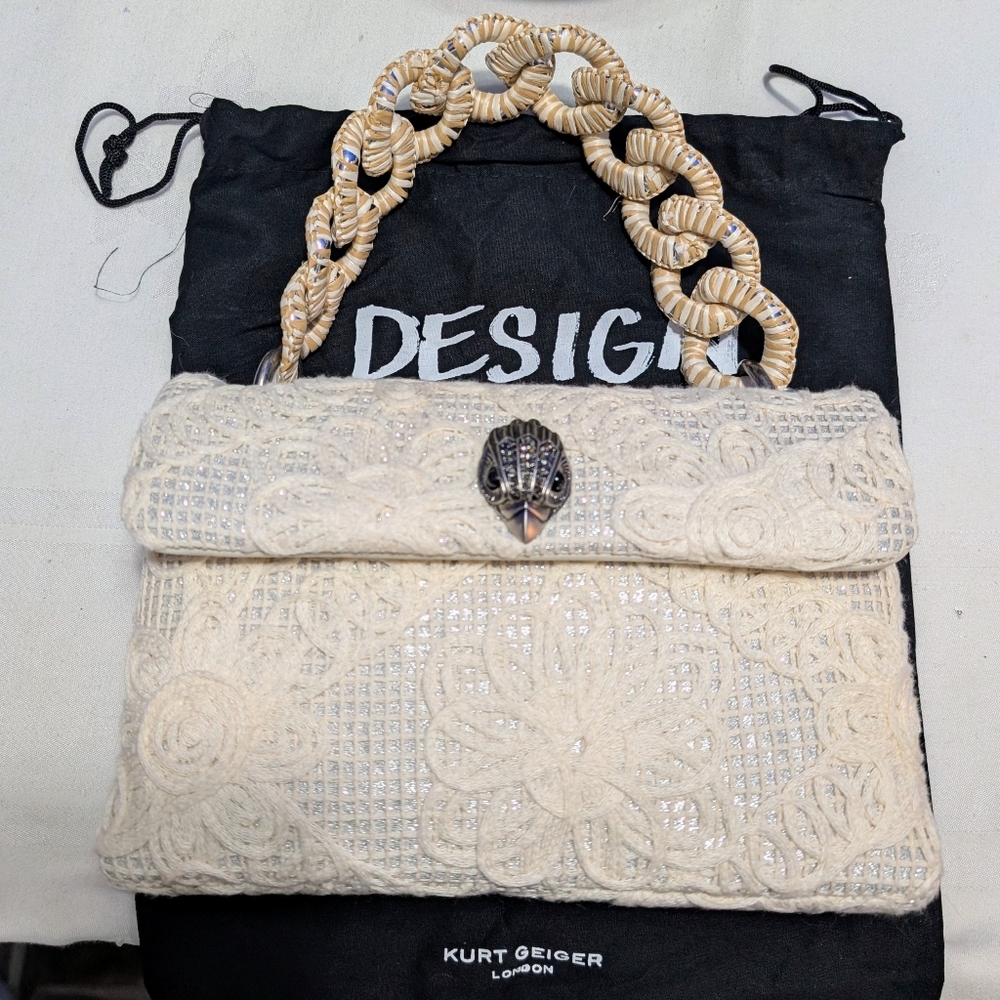Kurt Geiger Md Kensington With Cream Embroidered Lace Exterior W/ Braided Handle - Picture 16 of 16